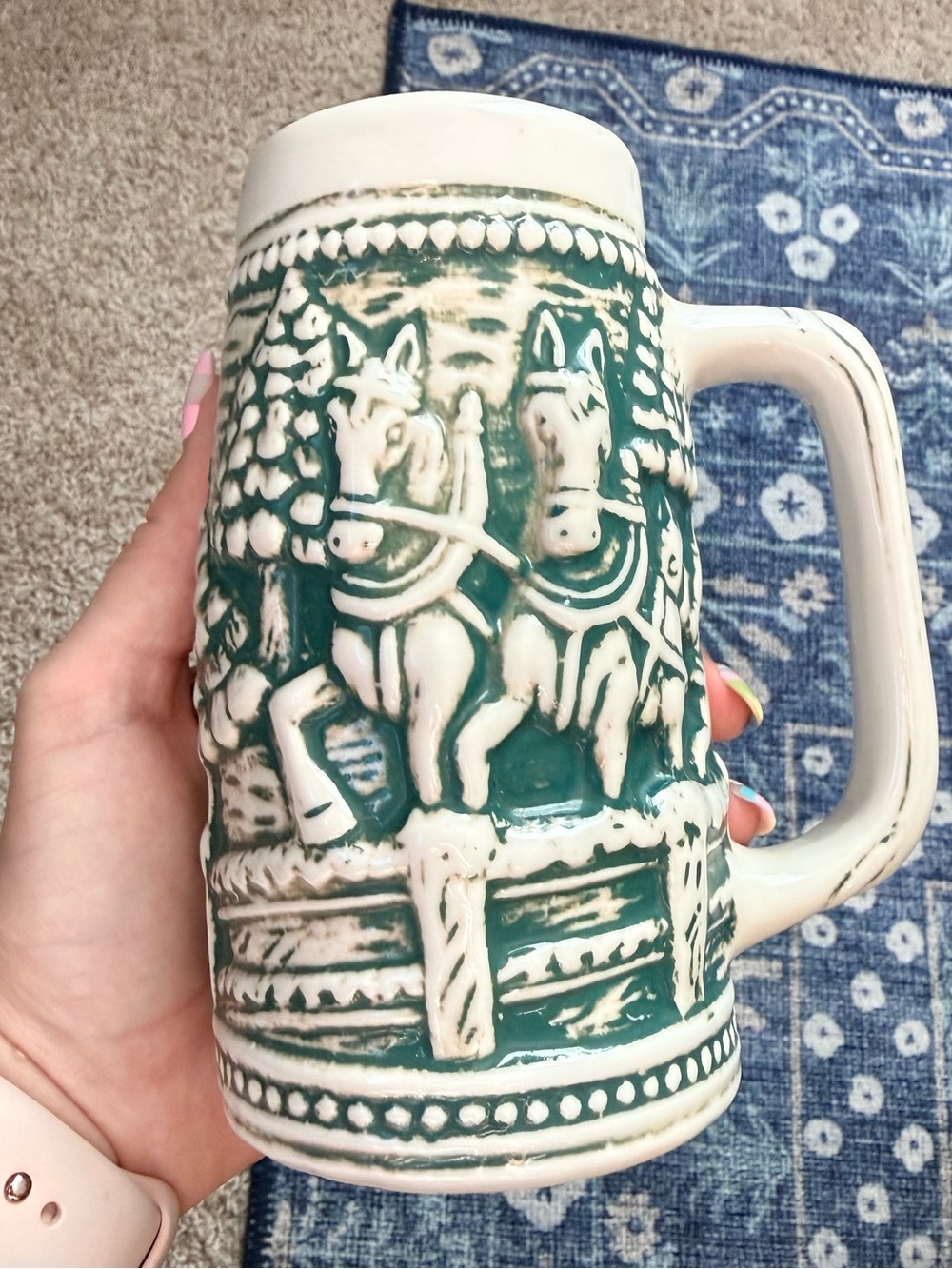 Green and Cream Ceramic Horse Relief Mug -